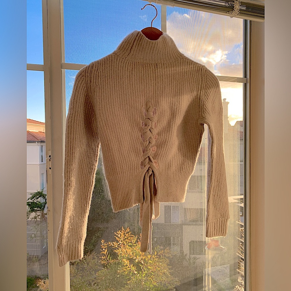 100% Cashmere Gray Lace Up Sweater